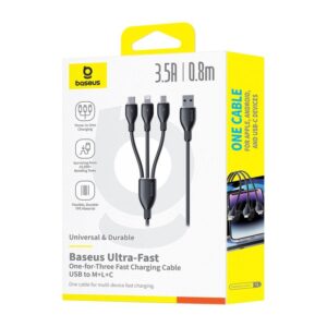 Baseus itin spartus „trys viename“ greitojo įkrovimo laidas USB-A į M+L+C 3.5A 0.8m Cosmic Black - Image 6