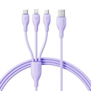 Baseus itin spartus „trys viename“ greitojo įkrovimo laidas USB-A į M+L+C 3.5A 1.3m Nebula Purple