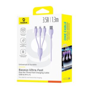 Baseus itin spartus „trys viename“ greitojo įkrovimo laidas USB-A į M+L+C 3.5A 1.3m Nebula Purple - Image 6