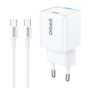 BWOO GaN PD 30W sieninis įkroviklis 1x USB-C jungtis su 60W USB-C 2A laidu, baltas