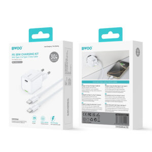 BWOO GaN PD 30W sieninis įkroviklis 1x USB-C jungtis su 60W USB-C 2A laidu, baltas - Image 4