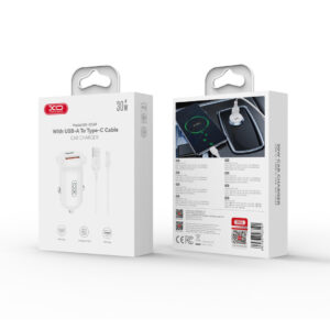 XO automobilinis įkroviklis CC69 PD 30W QC 1x USB 1x USB-C baltas + laidas USB - USB-C - Image 2
