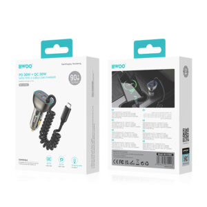 BWOO CC96C 30W PD automobilinis įkroviklis 1x USB-C 1x USB jungtis su USB-C laidu pilkas - Image 4