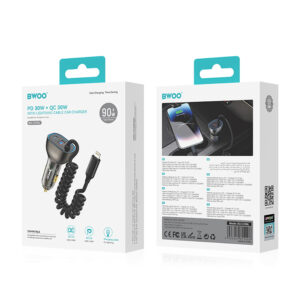 BWOO CC96L 30W PD automobilinis įkroviklis 1x USB-C 1x USB jungtis su lightning laidu pilkas - Image 4