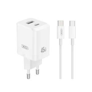 XO sieninis įkroviklis CE36 PD 45W 1x USB-C 1x USB baltas + laidas USB-C - USB-C