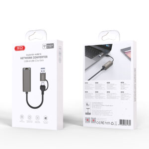 XO adapteris HUB HUB018 2in1 USB-USB-C - RJ45 pilkas - Image 2