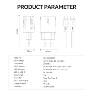 BWOO sieninis įkroviklis CDA182 QC 38W 1x USB-A + 1x USB-C su USB-C laidu 1 m juodas - Image 5