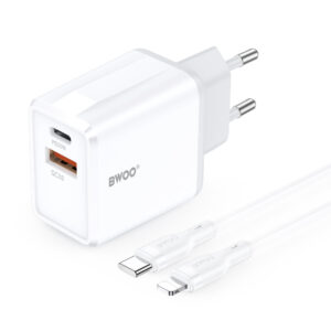 BWOO sieninis įkroviklis CDA182 QC 38W 1x USB-A + 1x USB-C su USB-C į Lightning laidu 1 m juodas