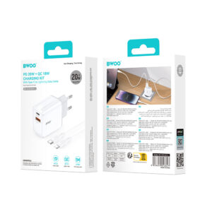 BWOO sieninis įkroviklis CDA182 QC 38W 1x USB-A + 1x USB-C su USB-C į Lightning laidu 1 m juodas - Image 6