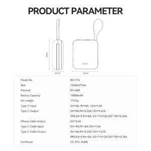 BWOO išorinė baterija P74 22.5W 10000 mAh su 2 integruotais laidais 1 x USB-C 1 x Lightning juoda - Image 4
