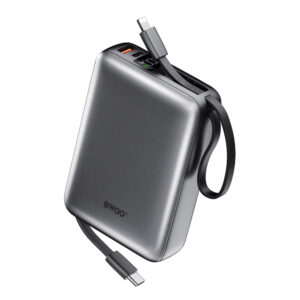 BWOO išorinė baterija P73 22.5W 20000 mAh su 2 integruotais laidais 1 x USB-C 1 x Lightning juoda