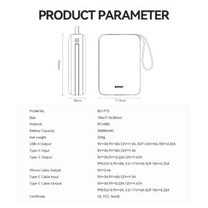 BWOO išorinė baterija P73 22.5W 20000 mAh su 2 integruotais laidais 1 x USB-C 1 x Lightning juoda - Image 3