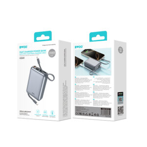 BWOO išorinė baterija P73 22.5W 20000 mAh su 2 integruotais laidais 1 x USB-C 1 x Lightning juoda - Image 4