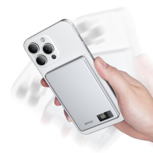 BWOO aliumininė magnetinė išorinė baterija P75 PD 20W 5000 mAh su skaitmeniniu ekranu ir USB-C jungtimi, sidabrinė - Image 4