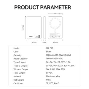 BWOO aliumininė magnetinė išorinė baterija P75 PD 20W 5000 mAh su skaitmeniniu ekranu ir USB-C jungtimi, sidabrinė - Image 5