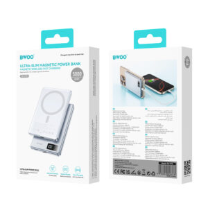 BWOO aliumininė magnetinė išorinė baterija P75 PD 20W 5000 mAh su skaitmeniniu ekranu ir USB-C jungtimi, sidabrinė - Image 6