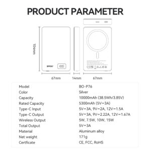 BWOO itin plonas aliumininis magnetinis išorinis akumuliatorius P76 PD 20W 10000 mAh su skaitmeniniu ekranu ir USB-C jungtimi, juodas - Image 4
