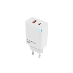 Maxlife MXTC-09-45AC GaN PD QC įkroviklis 1x USB-C 1x USB 45W baltas