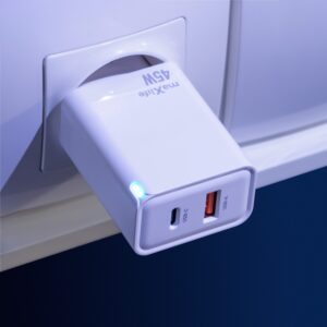 Maxlife MXTC-09-45AC GaN PD QC įkroviklis 1x USB-C 1x USB 45W baltas - Image 2