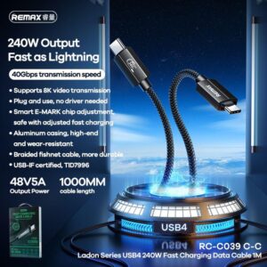 KABELIS REMAX LADON SERIES 240W RC-C039 USB 4.0 USB-C/USB-C 1M JUODAS - Image 2