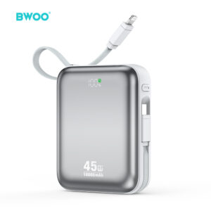 BWOO išorinė baterija P77 45W, 10000 mAh su USB-C ir Lightning laidu, pilka