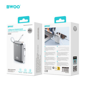 BWOO išorinė baterija P77 45W, 10000 mAh su USB-C ir Lightning laidu, pilka - Image 3