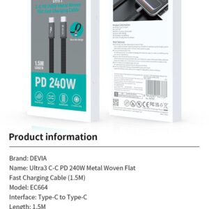 Devia Ultra3 USB-C PD 240W metalinis pintas plokščias greitojo įkrovimo laidas 1,5 m baltas - Image 2