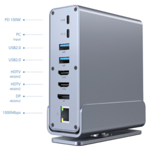 Gembird A-CF-COMBO15-01 USB Type-CF 15 viename daugiaprievadis adapteris (USB šakotuvas AF prievadai v.2x2 + v.3x3, Type-CF + HDMIx2 + DisplayPort + PD + kortelių skaitytuvas + GigaLAN + 3,5 mm garso jungtis), pilkas