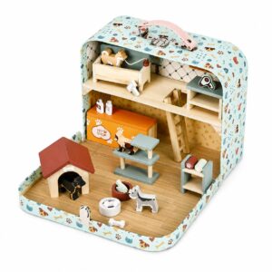 Gyvūnų prekių parduotuvė lagamine, dviaukštė, mediniai baldai, 23 priedų rinkinys ECOTOYS - Image 5