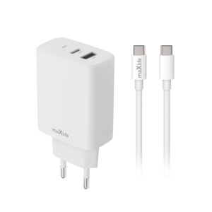 Maxlife MXTC-10-30AC PD QC įkroviklis 1x USB-C 1x USB 30W baltas + USB-C – USB-C laidas 60W