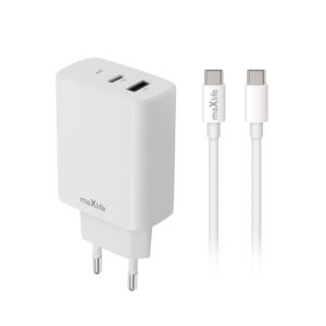 Maxlife MXTC-10-20AC PD QC įkroviklis 1x USB-C 1x USB 20W baltas + USB-C - USB-C laidas 20W