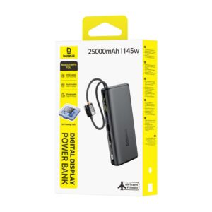 Baseus skaitmeninio ekrano išorinė baterija su dviem integruotais USB-C laidais 25000mAh 145W Cosmic Black - Image 4