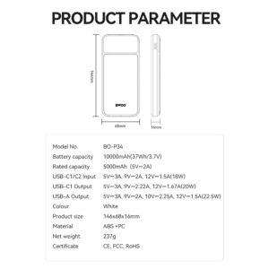 BWOO itin plonas 22,5W 10000 mAh išorinis akumuliatorius, baltas - Image 3