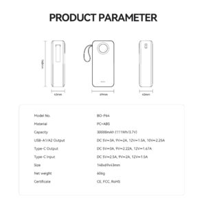 BWOO 22,5W 30000 mAh išorinė baterija su LCD ekranu, juoda - Image 4