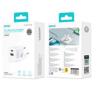 BWOO CDA156 PD sieninis įkroviklis 1x USB-C 1x USB 20W baltas - Image 6
