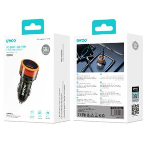 BWOO PD automobilinis įkroviklis 1x USB-C - USB-A jungtis 38W skaidrus - Image 6