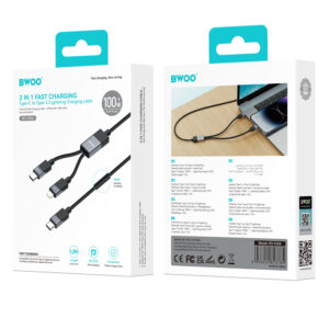 BWOO pintas 2-in-1 laidas USB-C – USB-C ir Lightning 1m 100W/27W juodas - Image 4