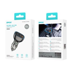 BWOO PD automobilinis įkroviklis 2x USB-C jungtis + USB-A 68W juodas - Image 4