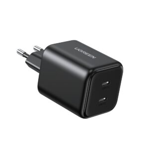 Sieninis įkroviklis GaN 45W 2xUSB-C QC PD3.0, juodas