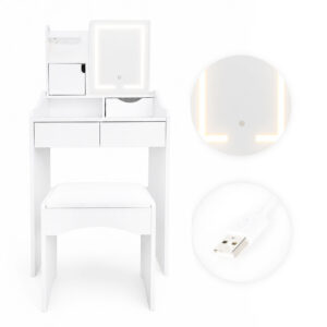 Kosmetinis staliukas su veidrodžiu ir LED apšvietimu, 3 šviesos spalvos, lentynos, stalčiai, kėdutė ModernHome - Image 7