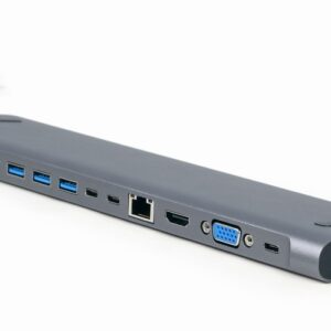 Gembird A-CM-COMBO9-01 USB Type-C 9-in-1 kelių prievadų adapteris (USB šakotuvas + HDMI + VGA + PD + kortelių skaitytuvas + LAN + 3,5 mm garsas), erdvė pilka