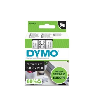 Etikečių juostelė Dymo D1, 9mmx7m, juodos spalvos, ant skaidrios juostelės