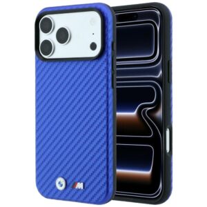 Dėklas BMW M Carbon Metal Logo MagSafe skirta Apple iPhone 18 Pro Max / 17 Pro Max mėlynos spalvos