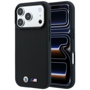 Dėklas BMW M Quadrille Kevlar Metal Logo MagSafe skirta Apple iPhone 18 Pro / 17 Pro juodos spalvos