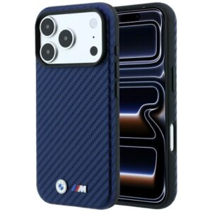 Dėklas BMW M Carbon Metal Logo MagSafe, skirtas iPhone 18 Pro Max / 17 Pro Max, mėlynos spalvos