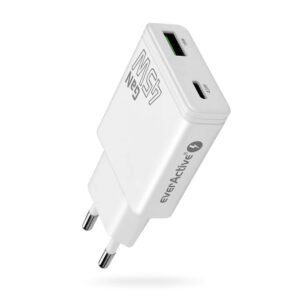 EVERACTIVE GaN tinklo įkroviklis 1× USB-C, 1× USB Quick Charge 3.0 45 W PD, baltas