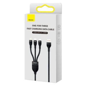 Baseus Universal Flash Series 3-viename greitojo įkrovimo ir duomenų perdavimo laidas (USB-A į Micro + Lightning + Type-C) 100W, 1.2m juodas (CASS030001)