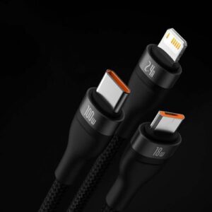 Baseus Universal Flash Series 3-viename greitojo įkrovimo ir duomenų perdavimo laidas (USB-A į Micro + Lightning + Type-C) 100W, 1.2m juodas (CASS030001) - Image 4
