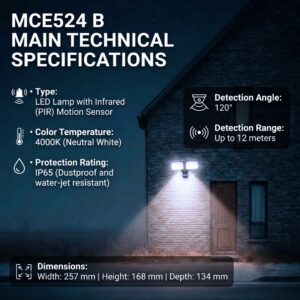 Maclean LED sieninis šviestuvas, su PIR jutikliu, 20 W, 1500 lm, IP65, neutraliai balta 4000 K, juoda, MCE524 B - Image 3