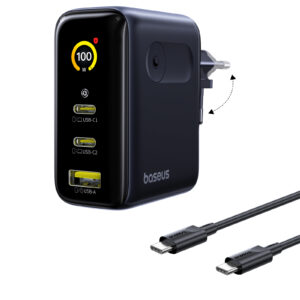 Sieninis įkroviklis PicoGo AE21 100W USB-A + 2xUSB-C QC PD su ekranu, juodas - Image 1